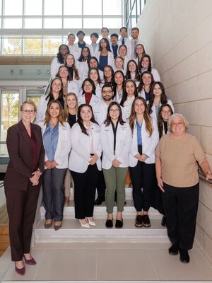 Class of 2027: The UT Tyler School of Medicine students with President Julie V. Philley, MD, and Dean Sue Cox. These students in the Class of 2027 are preparing to work across 58 clinical sites in East Texas.