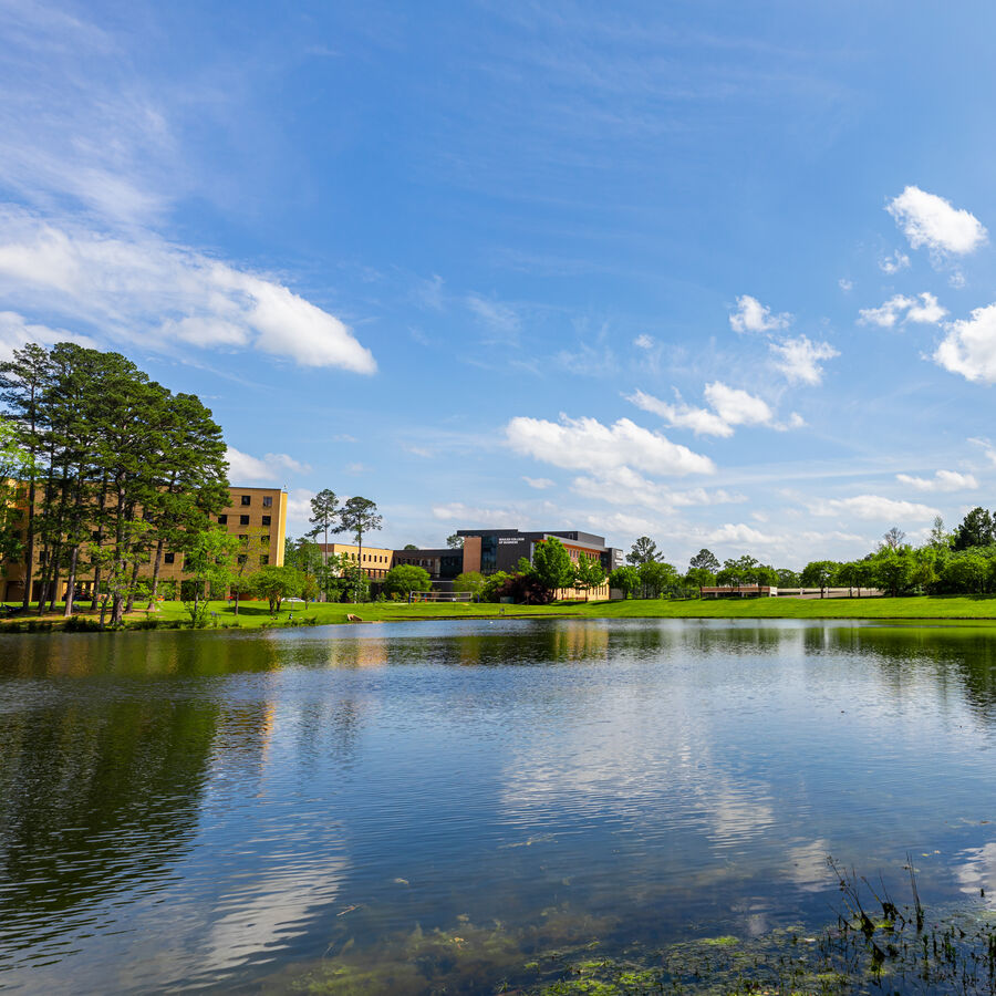 Harvey Lake with UT Tyler campus buildings in the distance