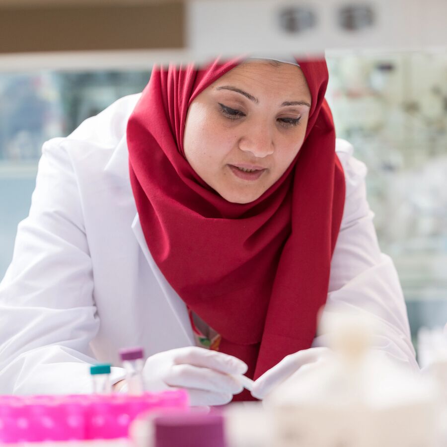 Fisch College of Pharmacy faculty member May Abdelaziz in a laboratory environment