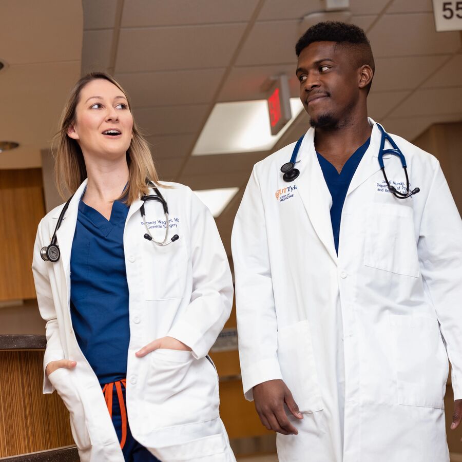 A male and a female student from The University of Texas at Tyler's Doctor of Medicine program