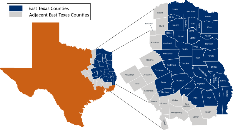 map of texas outlining east texas counties