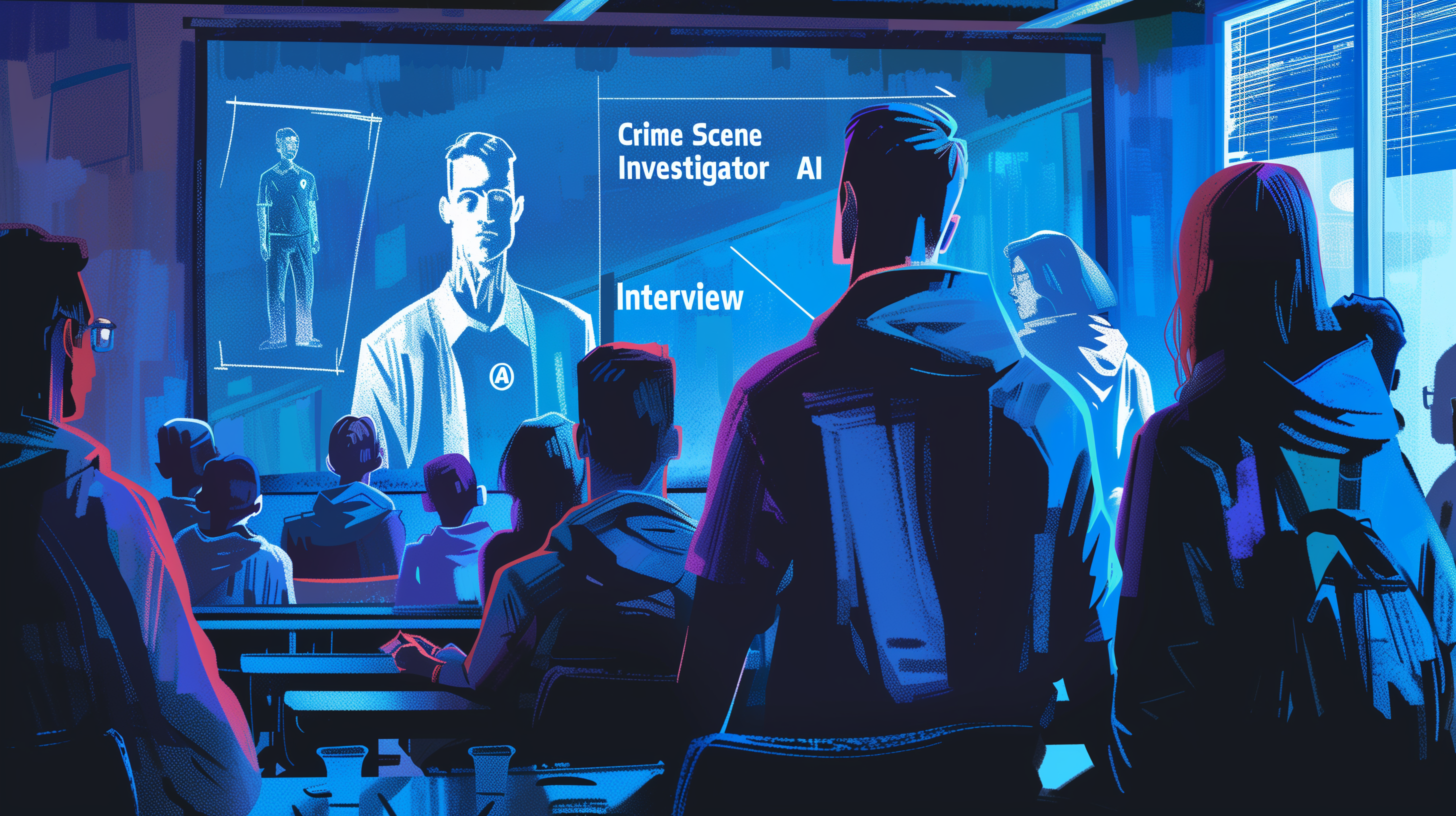 A classroom of students watches a large screen displaying an AI crime scene investigator being interviewed. The room is illuminated in blue tones, and the students are seated, attentively observing the presentation. The screen shows a detailed image of the AI investigator and text indicating the nature of the interview.