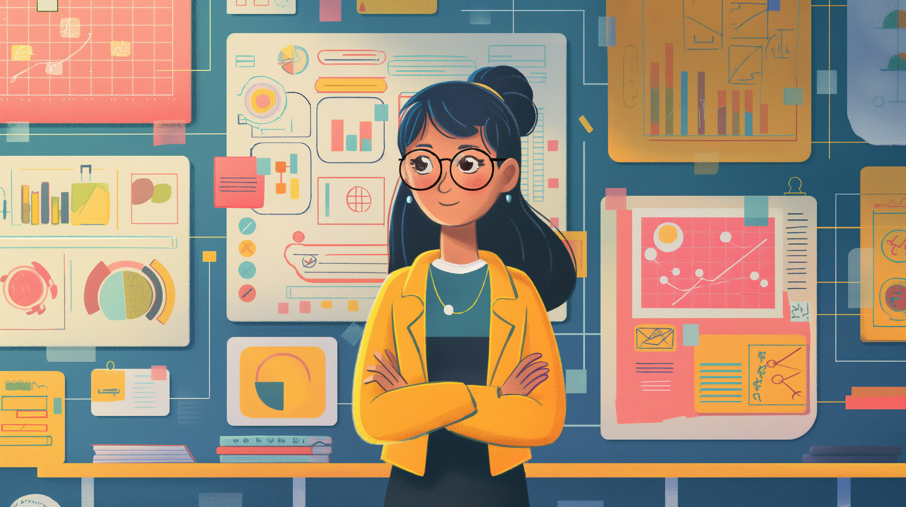 A vibrant illustration of a young woman with glasses and long dark hair tied back, standing confidently with her arms crossed. She is wearing a yellow blazer and a teal shirt. Behind her, a wall filled with colorful charts, graphs, and data visualizations creates an engaging and dynamic background, suggesting a focus on data analysis and presentation.