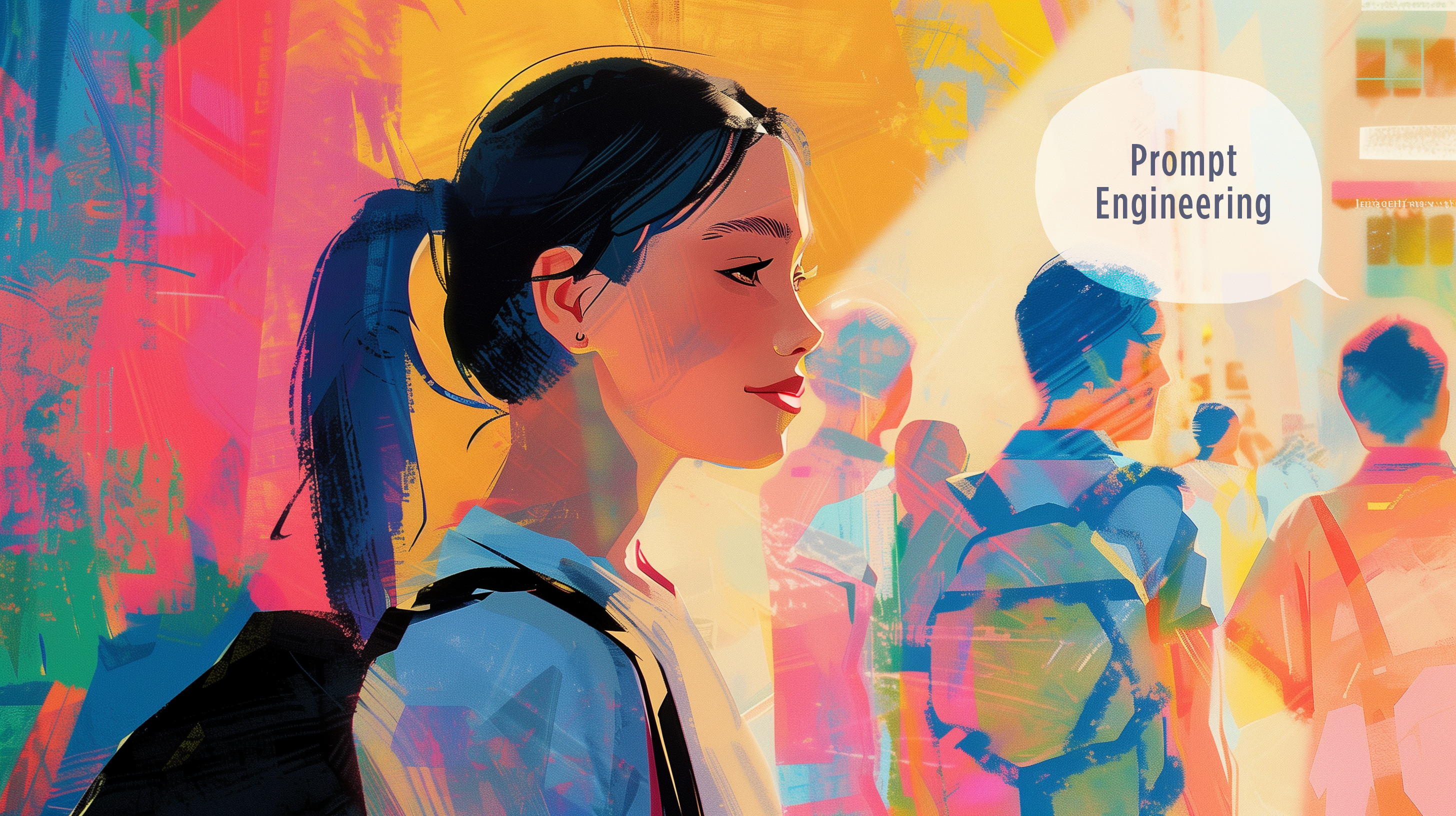 A colorful, abstract digital artwork of a young woman with a ponytail, wearing a backpack, standing amidst a crowd. She is looking to the side, with the words "Prompt Engineering" in a speech bubble near her. The background features vibrant, multicolored patterns and shapes.