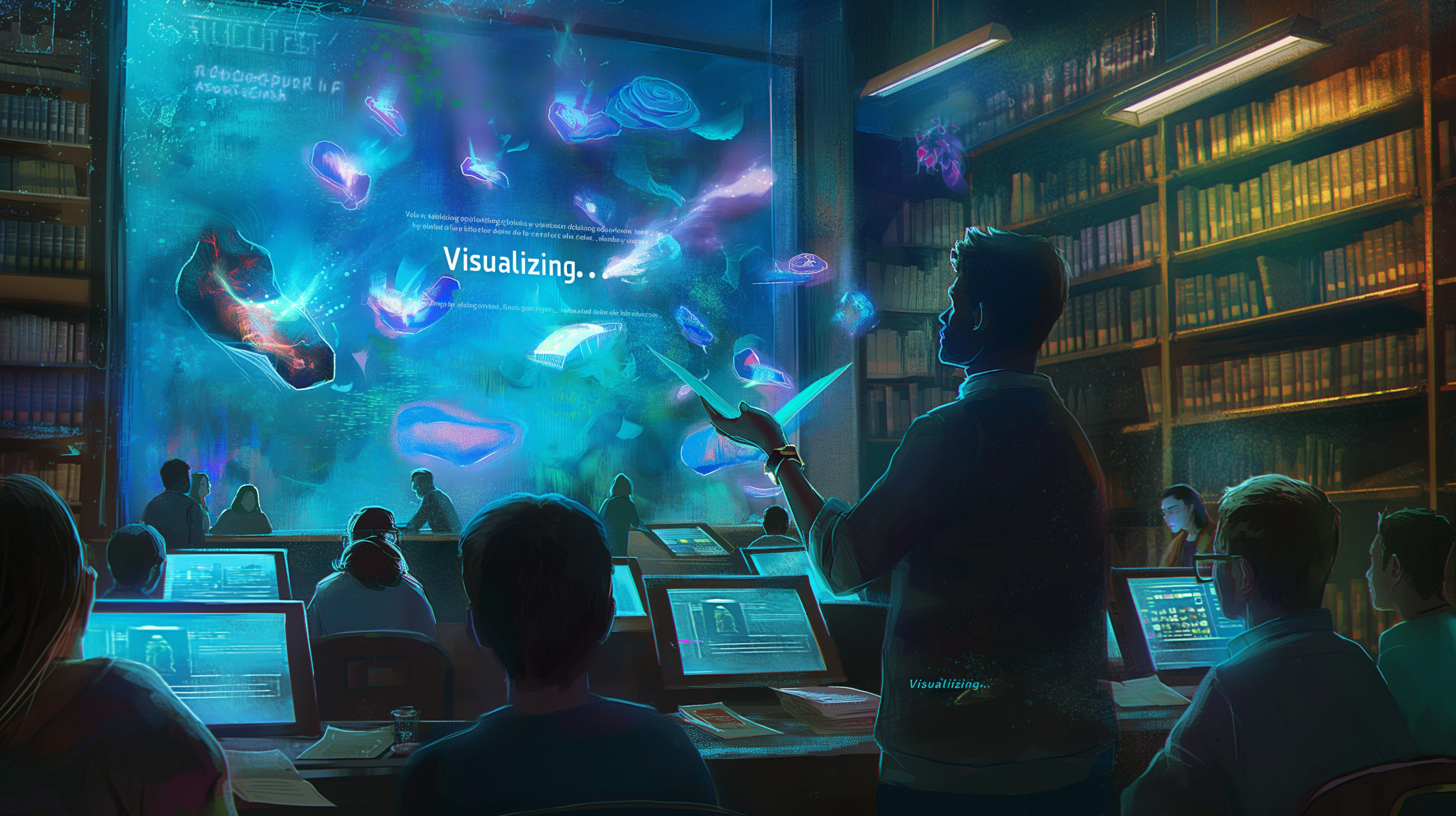 A teacher using AI technology to create visualizations in a classroom, with images and data dynamically projected on a large screen. Students at their desks interact with the visualizations on their monitors, while the classroom setting includes bookshelves filled with books, highlighting a blend of traditional and modern educational tools.
