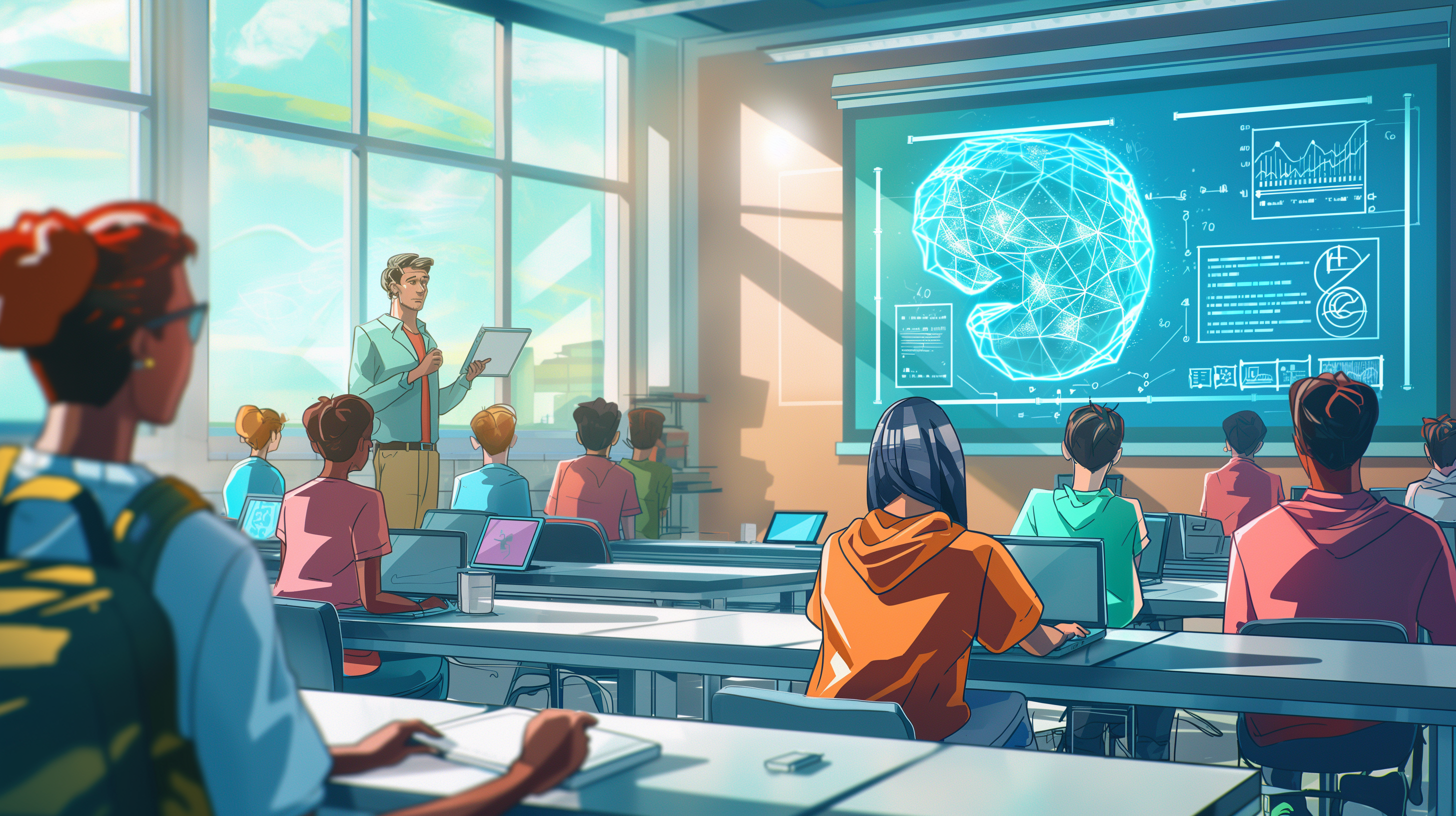 illustartion of a professor teaching in a classroom using AI 
