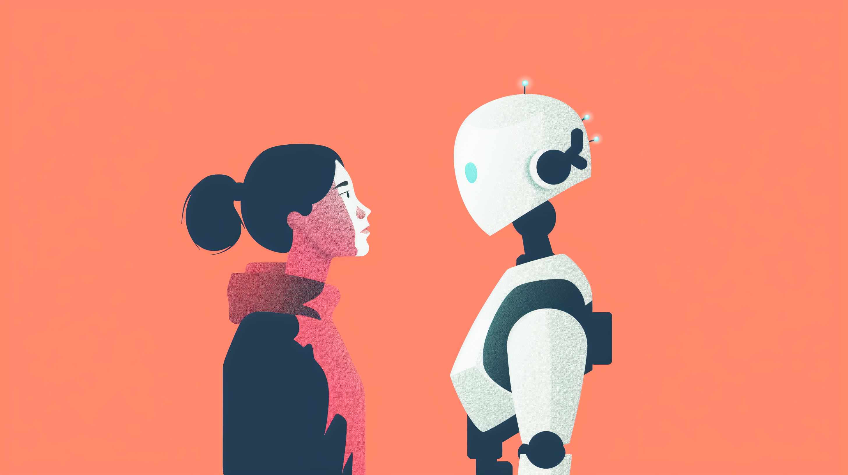 an illustration of a person and a robot looking at each other