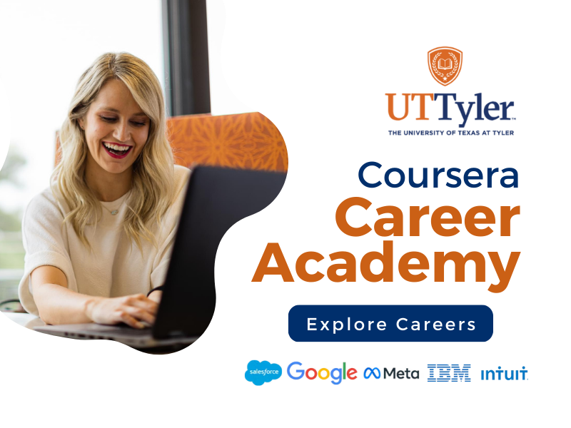 . Image of Coursera Career Academy's splash page, inviting users to explore various career paths.