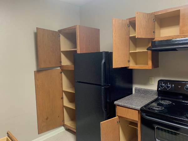 Kitchen showing cabinets open